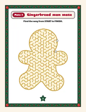 Gingerbread man maze printable: a gentle Christmas maze inside a gingerbread man shape