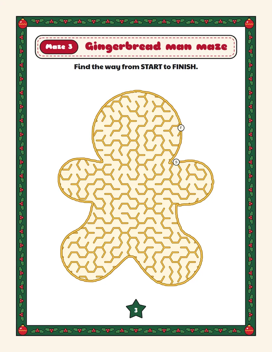 Gingerbread man maze printable: a gentle Christmas maze inside a gingerbread man shape