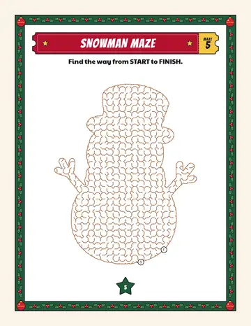 Snowman maze printable: a medium Christmas maze inside a snowman shape