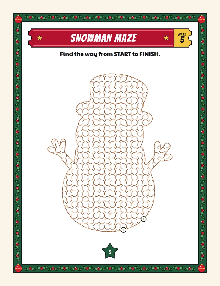 Snowman maze printable: a medium Christmas maze inside a snowman shape