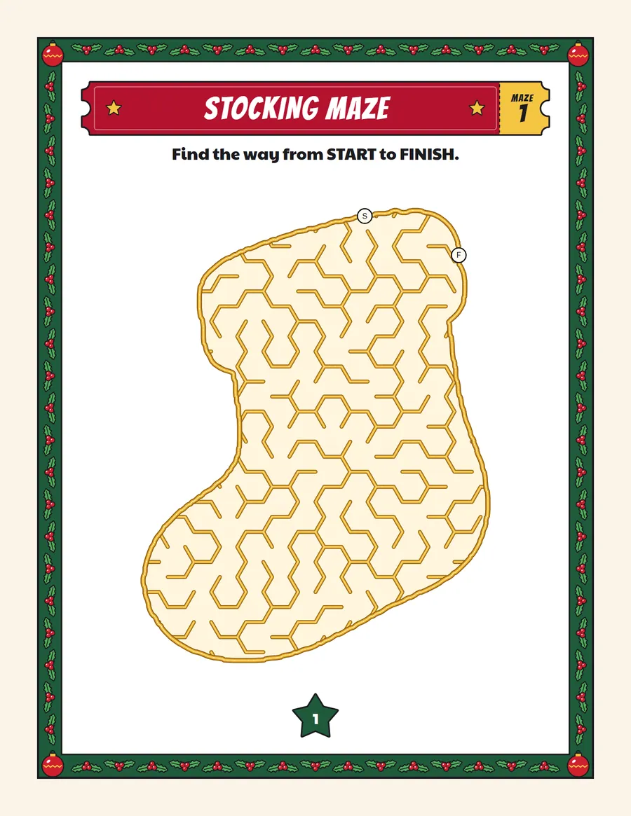 Stocking maze printable: a easy Christmas maze inside a stocking shape