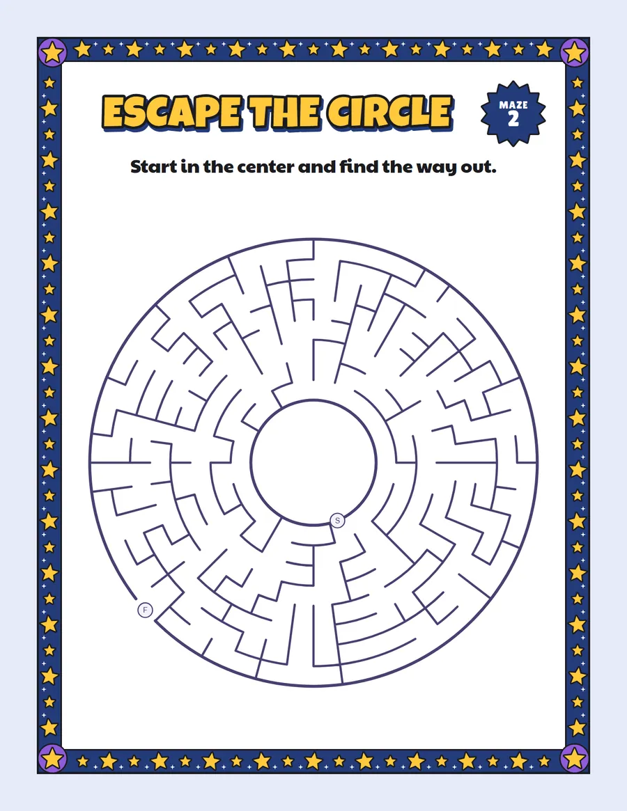 First Escape circle maze printable: an easy circle maze for ages 4 to 6