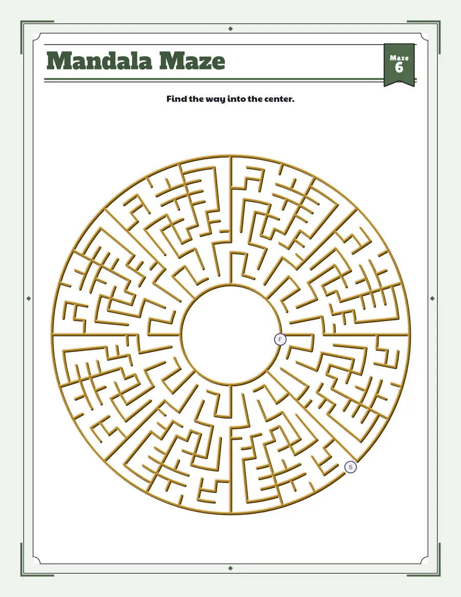 Rose window mandala maze printable: a medium circle maze for ages 6 to 8