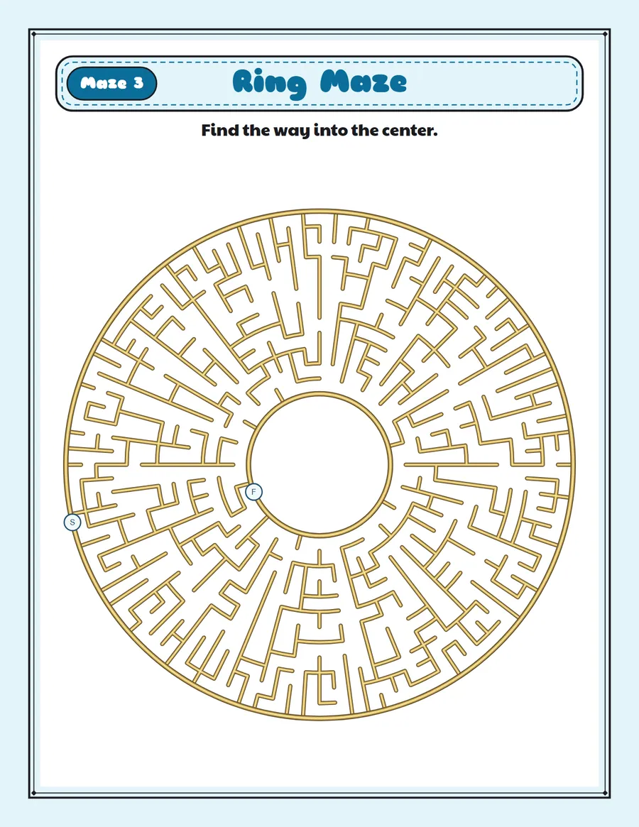 Sunburst circle maze printable: a gentle circle maze for ages 5 to 7