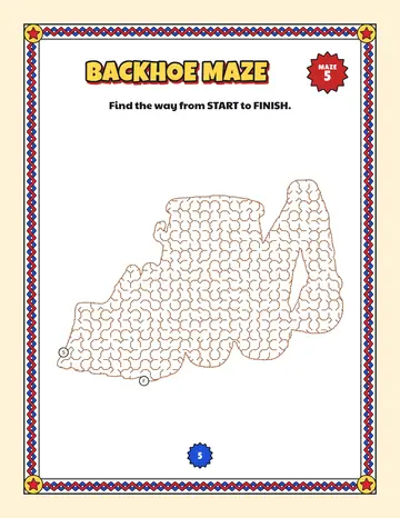 Backhoe maze printable: a medium construction truck maze inside a backhoe shape