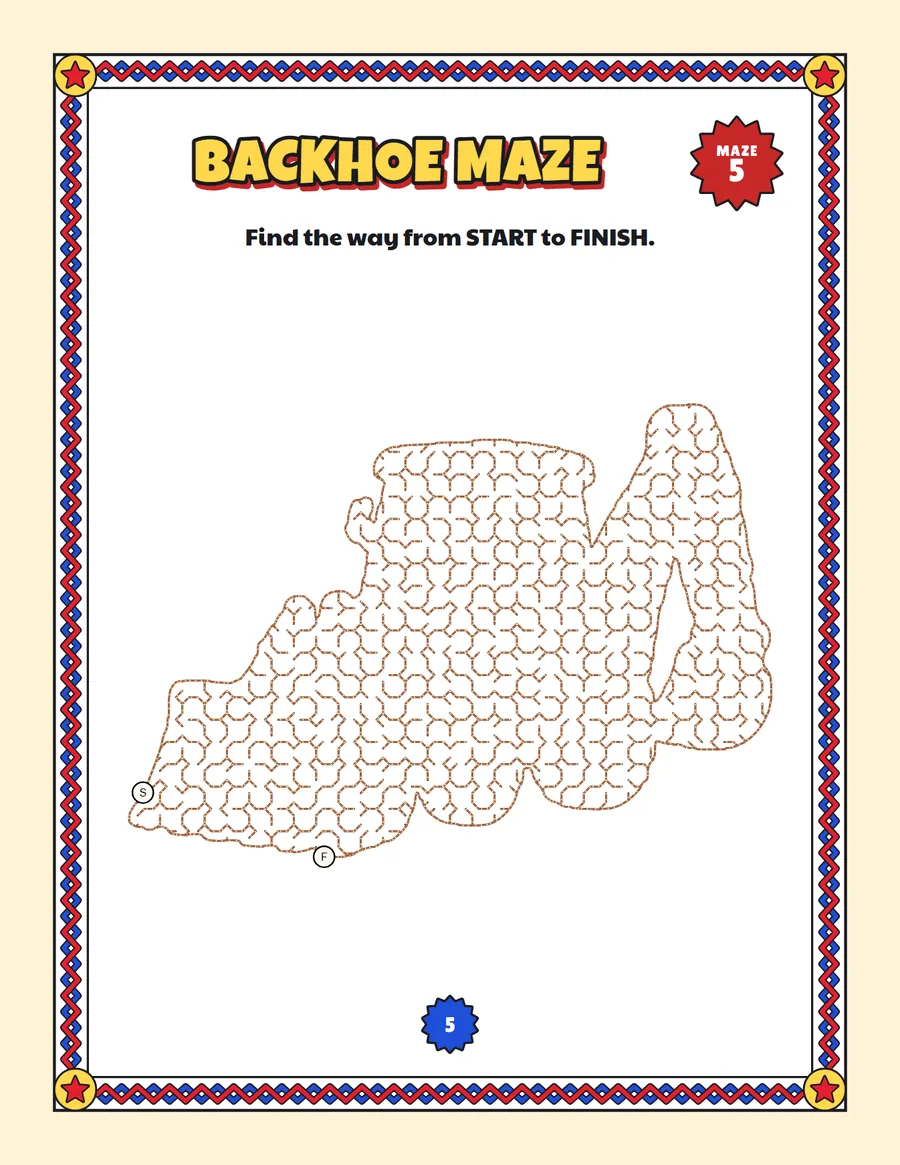 Backhoe maze printable: a medium construction truck maze inside a backhoe shape