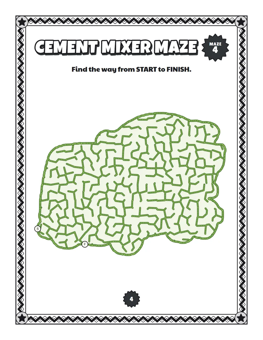 Cement mixer maze printable: a gentle construction truck maze inside a cement mixer shape