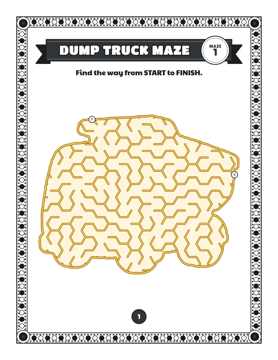 Dump truck maze printable: an easy construction truck maze inside a dump truck shape