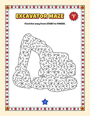 Excavator maze printable: a hard construction truck maze inside an excavator shape