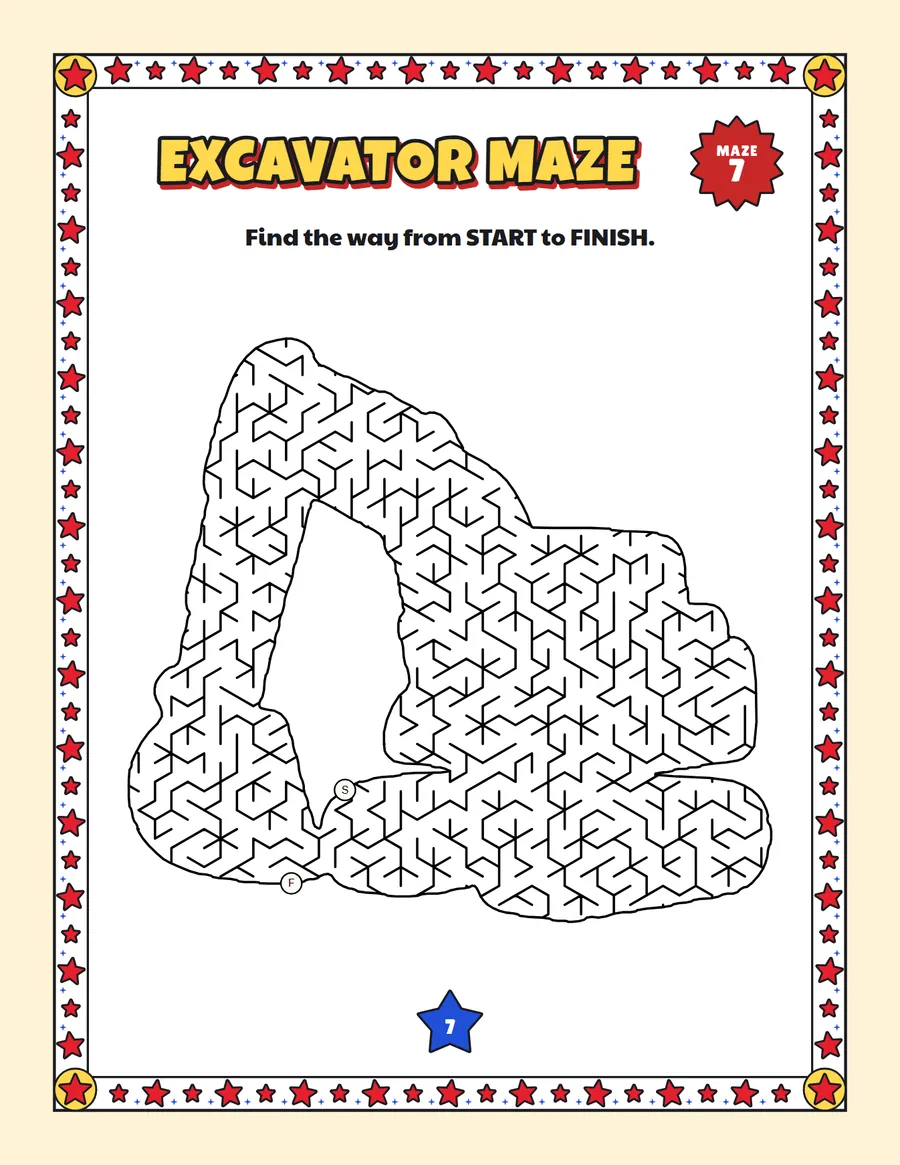Excavator maze printable: a hard construction truck maze inside an excavator shape