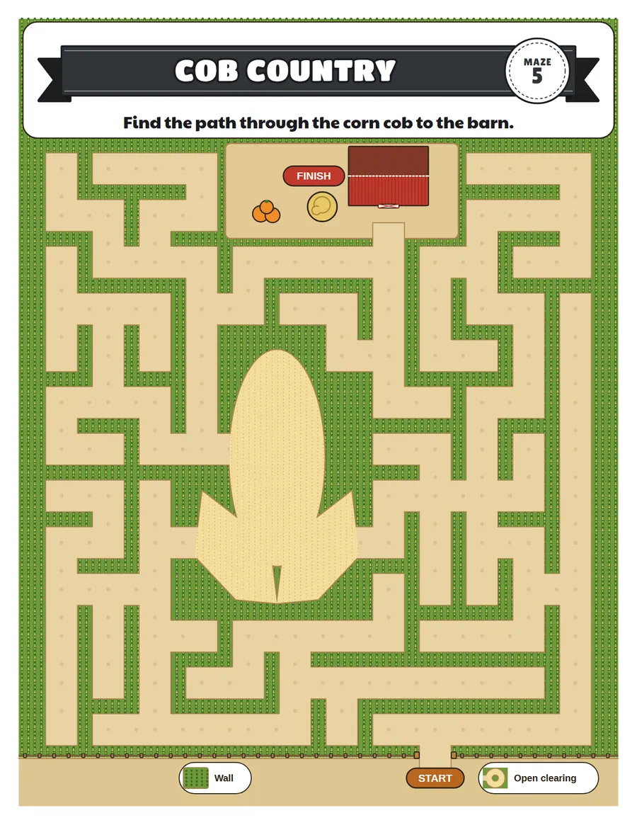 Cob Country corn maze printable: a medium corn maze for ages 6 to 8