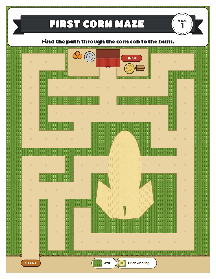 First corn maze printable: an easy corn maze for ages 4 to 6