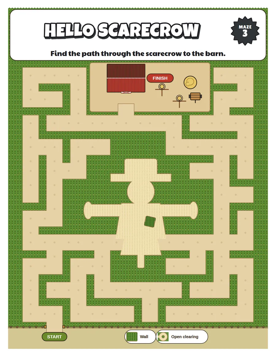 Scarecrow farm corn maze printable: a gentle corn maze for ages 5 to 7