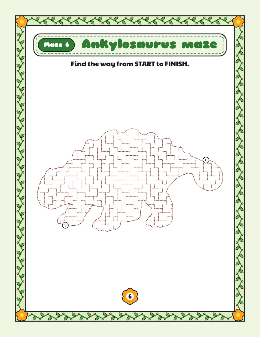 Ankylosaurus maze printable: a medium dinosaur maze inside a ankylosaurus shape