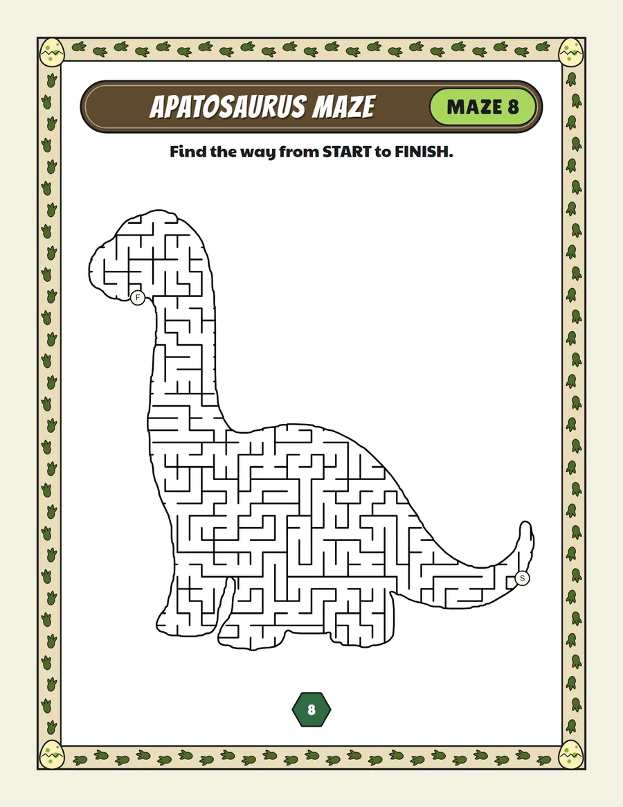 Apatosaurus maze printable: a hard dinosaur maze inside a apatosaurus shape