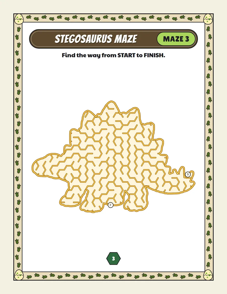 Stegosaurus maze printable: a gentle dinosaur maze inside a stegosaurus shape