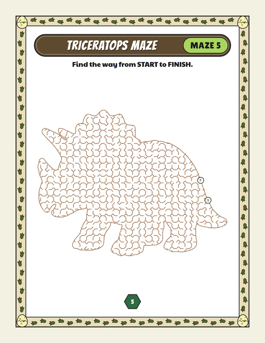 Triceratops maze printable: a medium dinosaur maze inside a triceratops shape