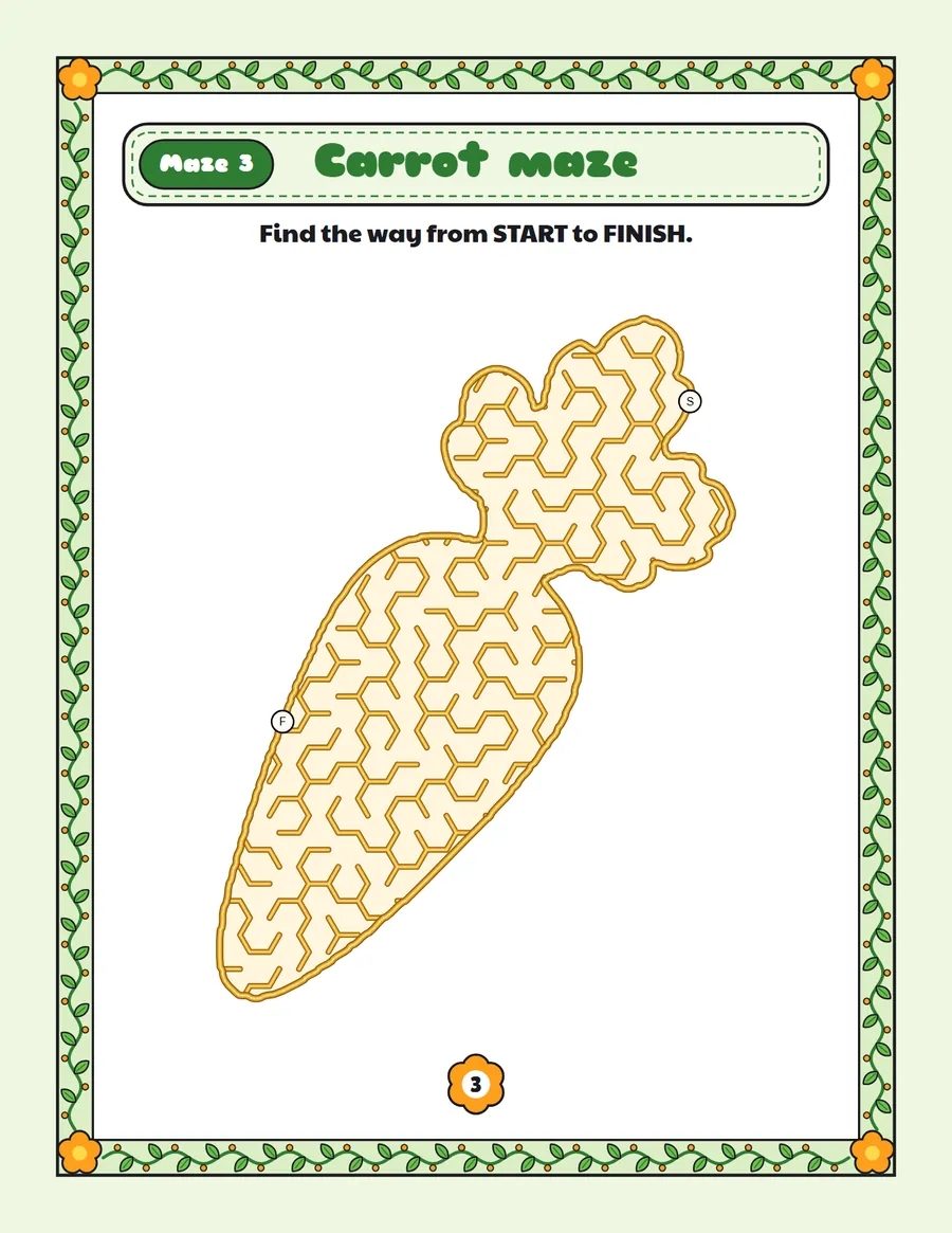 Carrot maze printable: a gentle Easter maze inside a carrot shape