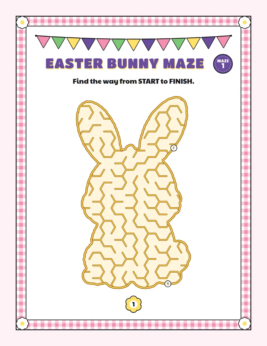 Easter bunny maze printable: an easy Easter maze inside an easter bunny shape
