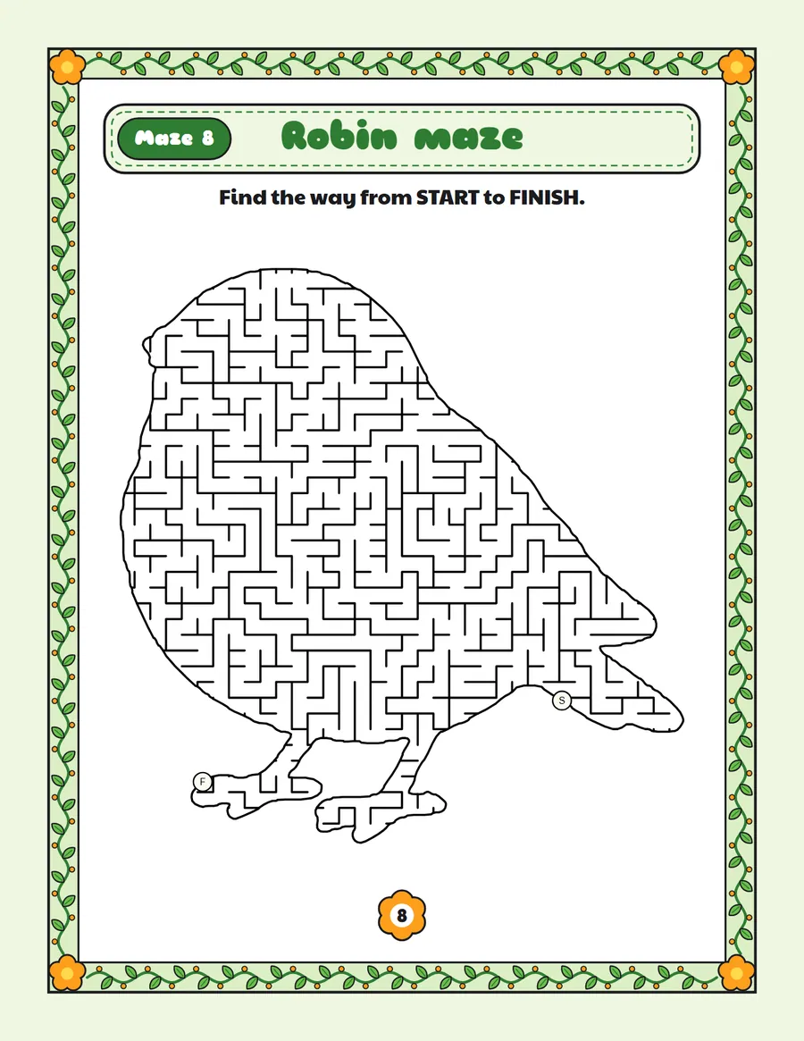 Robin maze printable: a hard Easter maze inside a robin shape