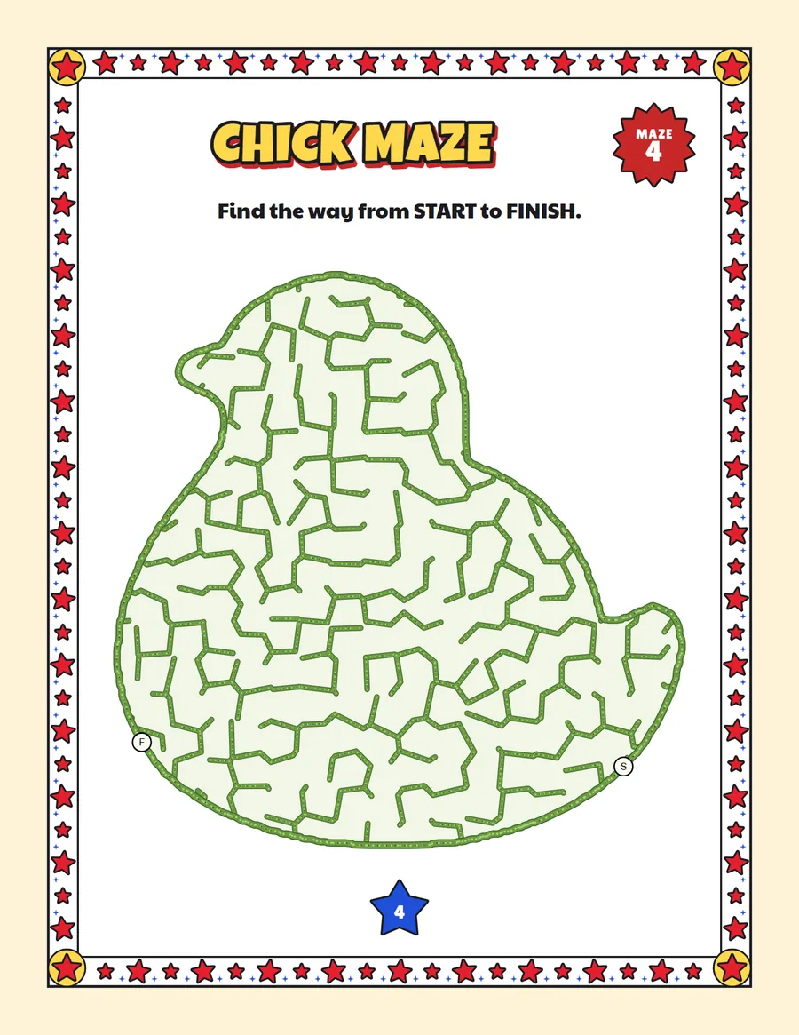 Chick maze printable: a easy easy maze inside a chick shape
