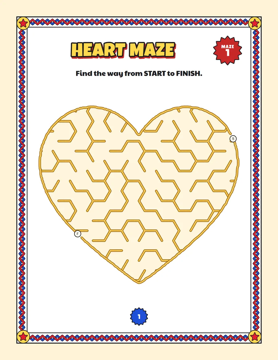 Heart maze printable: a very easy easy maze inside a heart shape