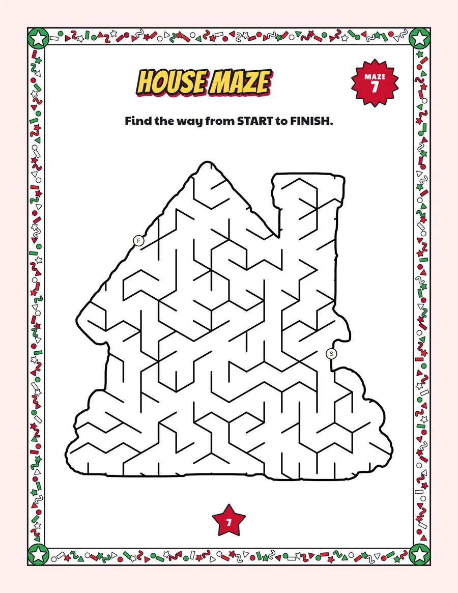 House maze printable: a easy easy maze inside a house shape