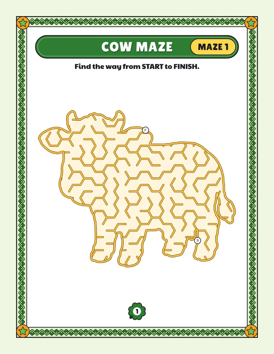 Cow maze printable: an easy farm animal maze inside a cow shape