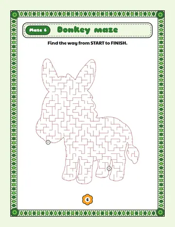 Donkey maze printable: a gentle farm animal maze inside a donkey shape
