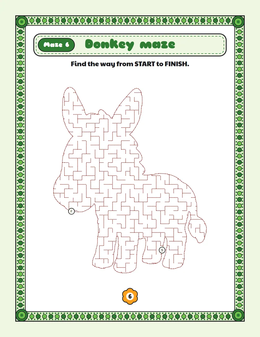 Donkey maze printable: a gentle farm animal maze inside a donkey shape