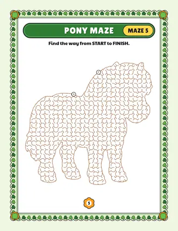 Pony maze printable: a medium farm animal maze inside a pony shape