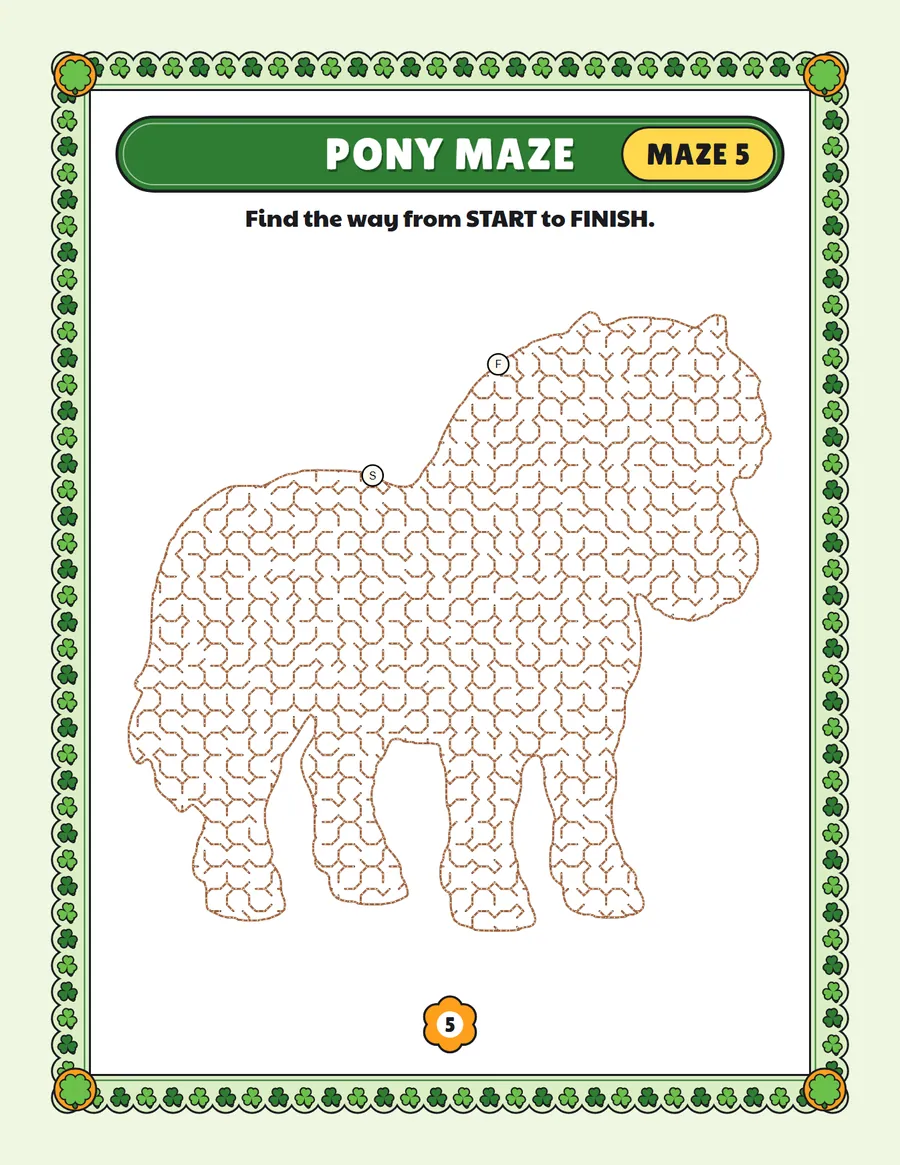 Pony maze printable: a medium farm animal maze inside a pony shape