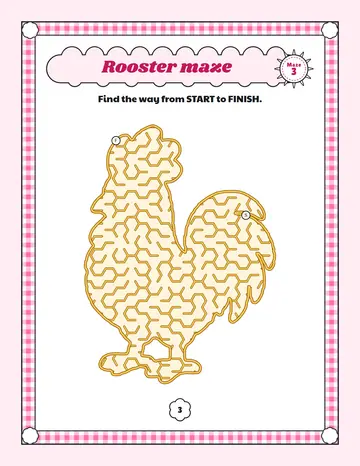 Rooster maze printable: a gentle farm animal maze inside a rooster shape