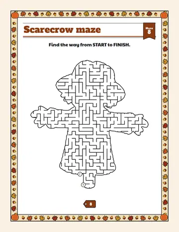 Scarecrow maze printable: a hard farm animal maze inside a scarecrow shape