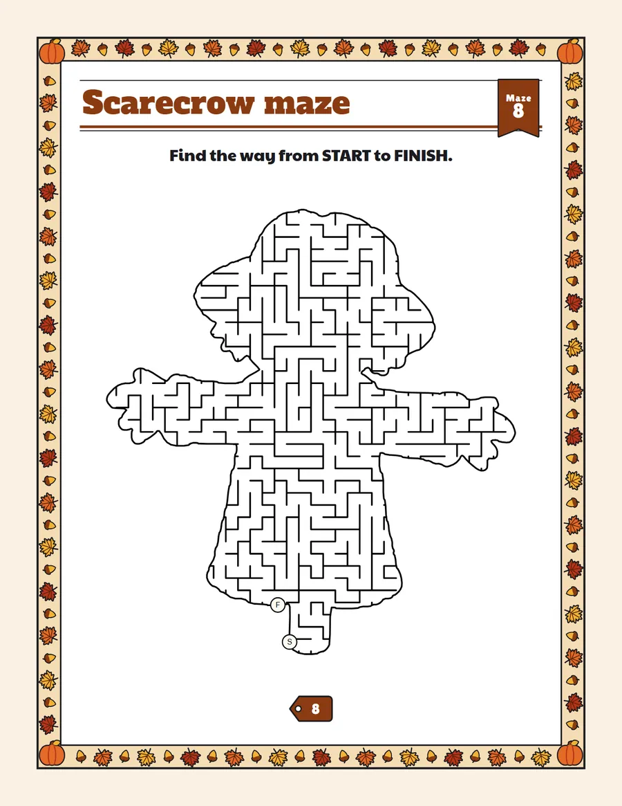 Scarecrow maze printable: a hard farm animal maze inside a scarecrow shape