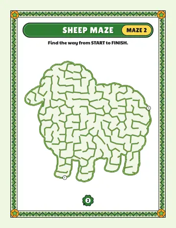 Sheep maze printable: an easy farm animal maze inside a sheep shape