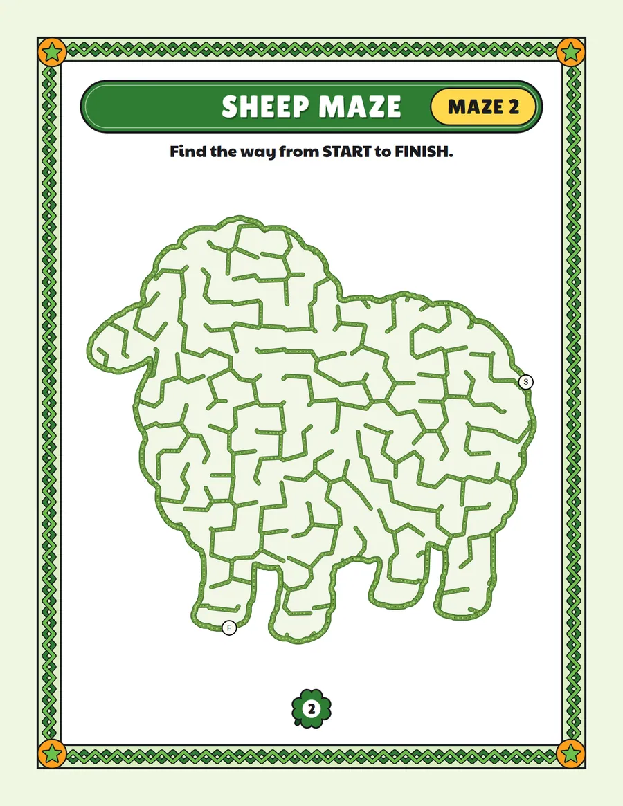 Sheep maze printable: an easy farm animal maze inside a sheep shape