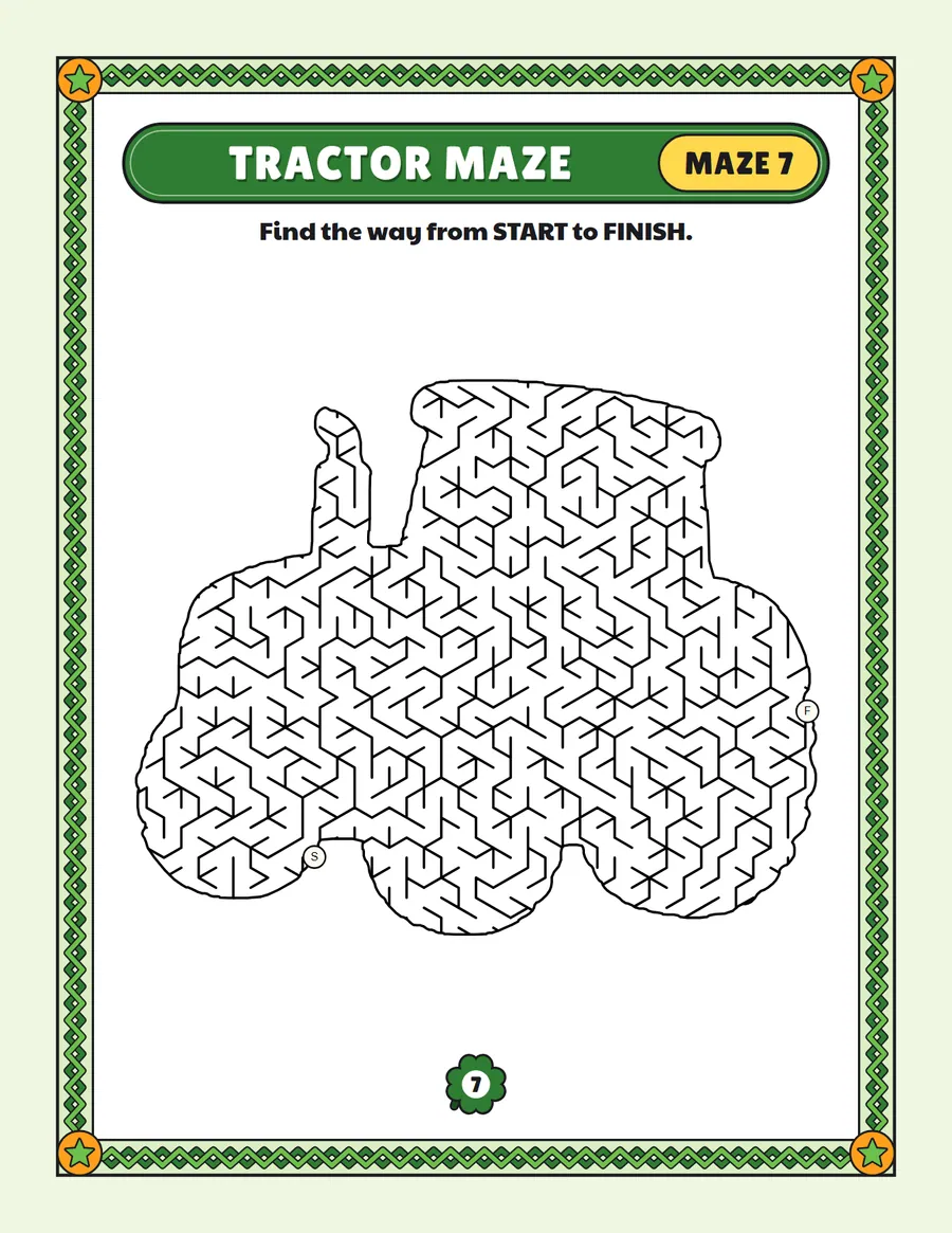 Tractor maze printable: a hard farm animal maze inside a tractor shape