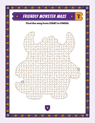 Friendly monster maze printable: a medium Halloween maze inside a friendly monster shape