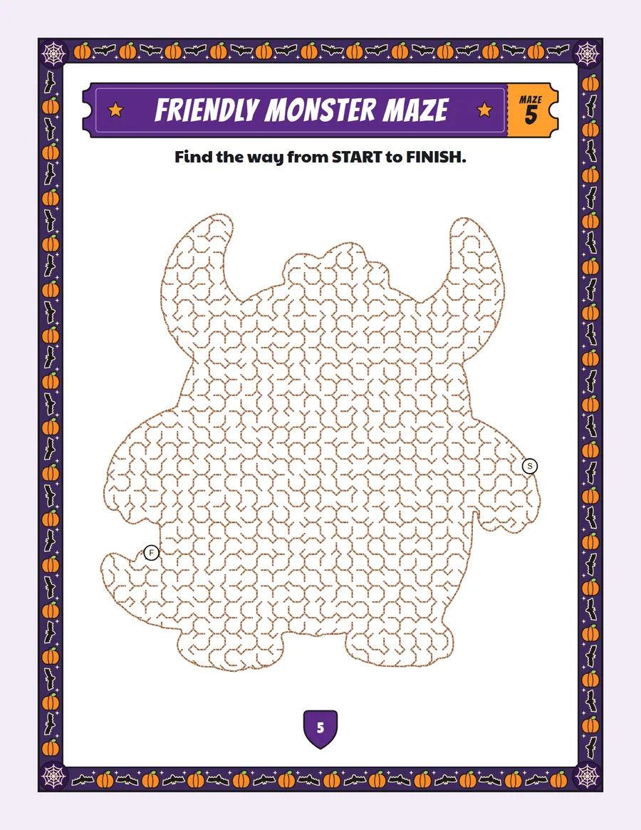 Friendly monster maze printable: a medium Halloween maze inside a friendly monster shape