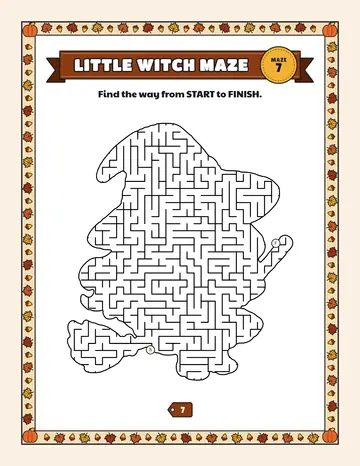 Little witch maze printable: a hard Halloween maze inside a little witch shape