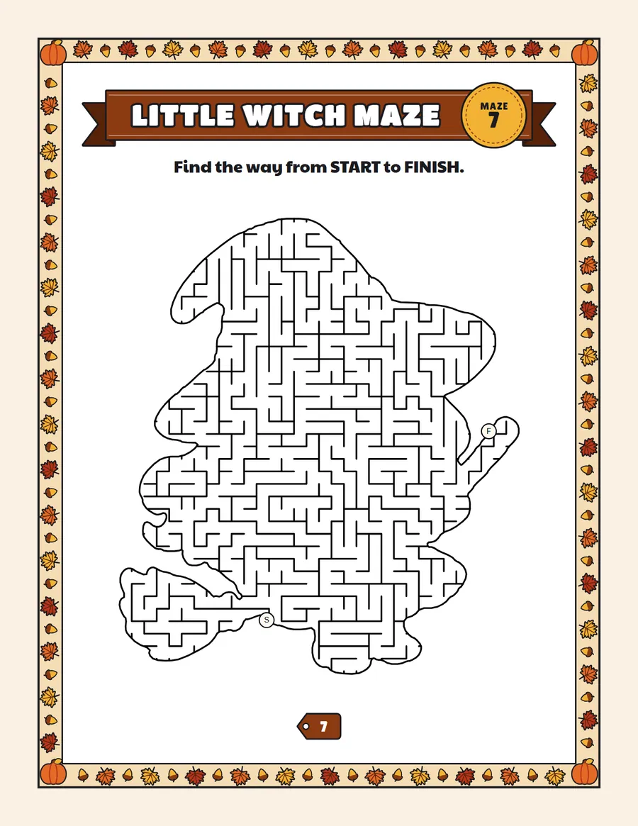 Little witch maze printable: a hard Halloween maze inside a little witch shape