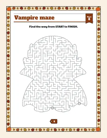 Vampire maze printable: a hard Halloween maze inside a vampire shape