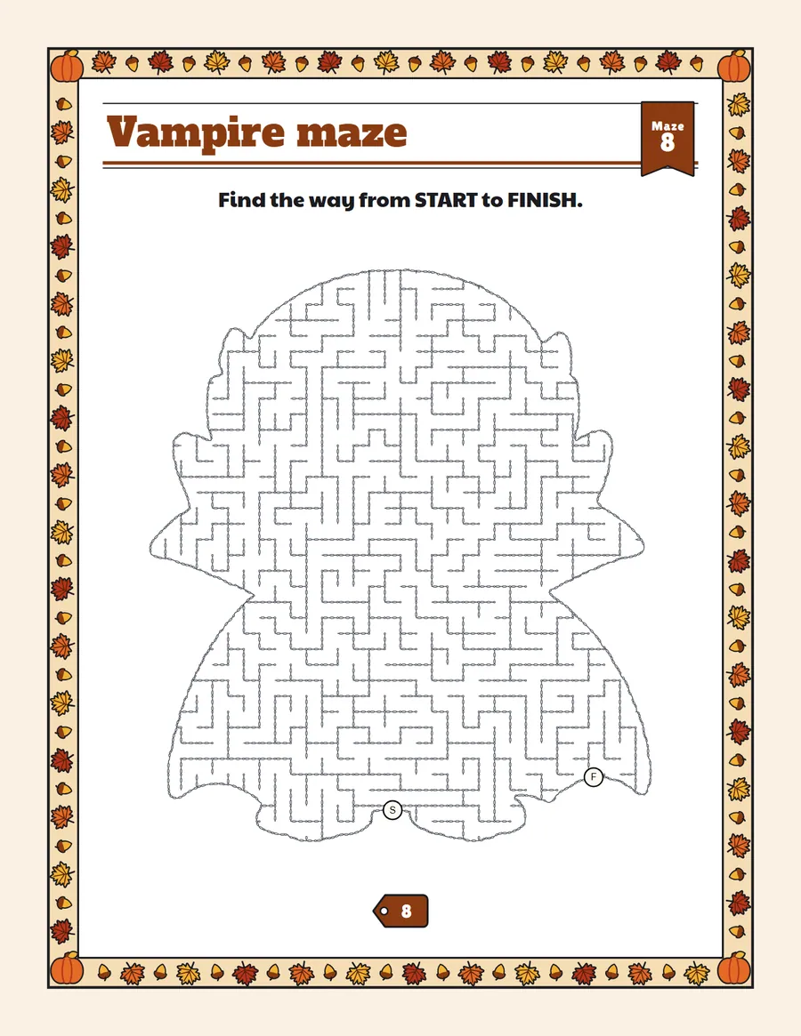 Vampire maze printable: a hard Halloween maze inside a vampire shape