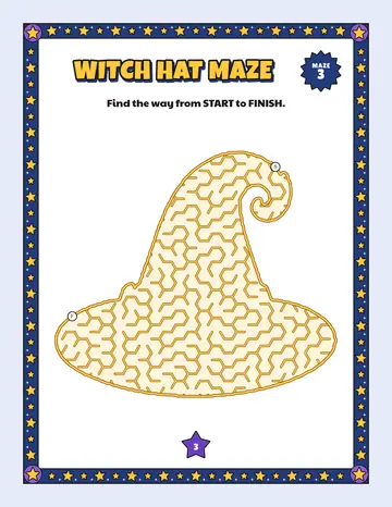 Witch hat maze printable: a gentle Halloween maze inside a witch hat shape