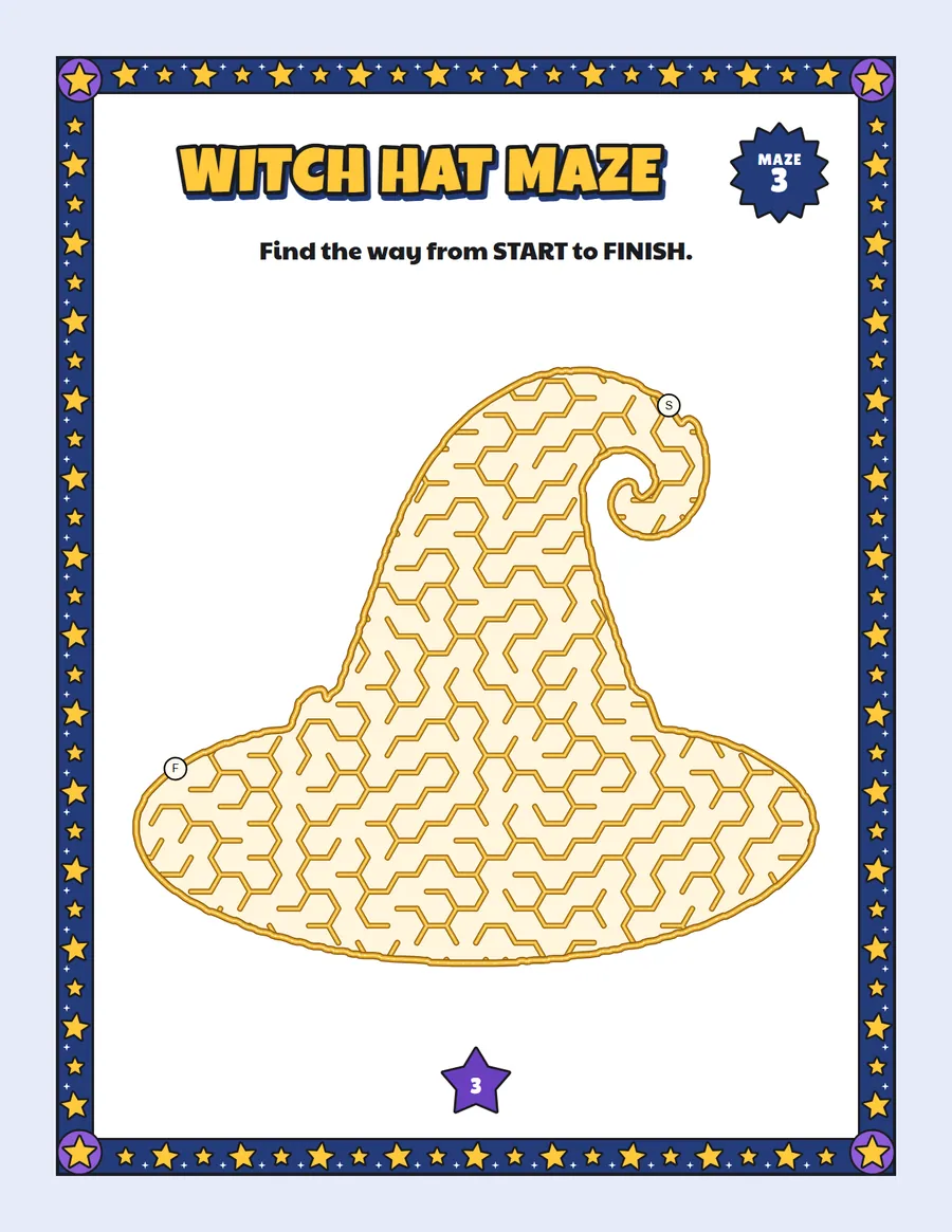 Witch hat maze printable: a gentle Halloween maze inside a witch hat shape