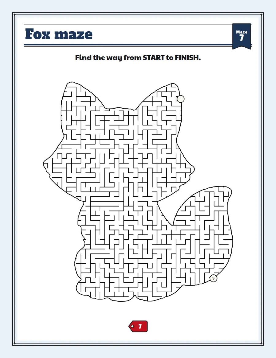 Fox maze printable: a extreme hard maze inside a fox shape