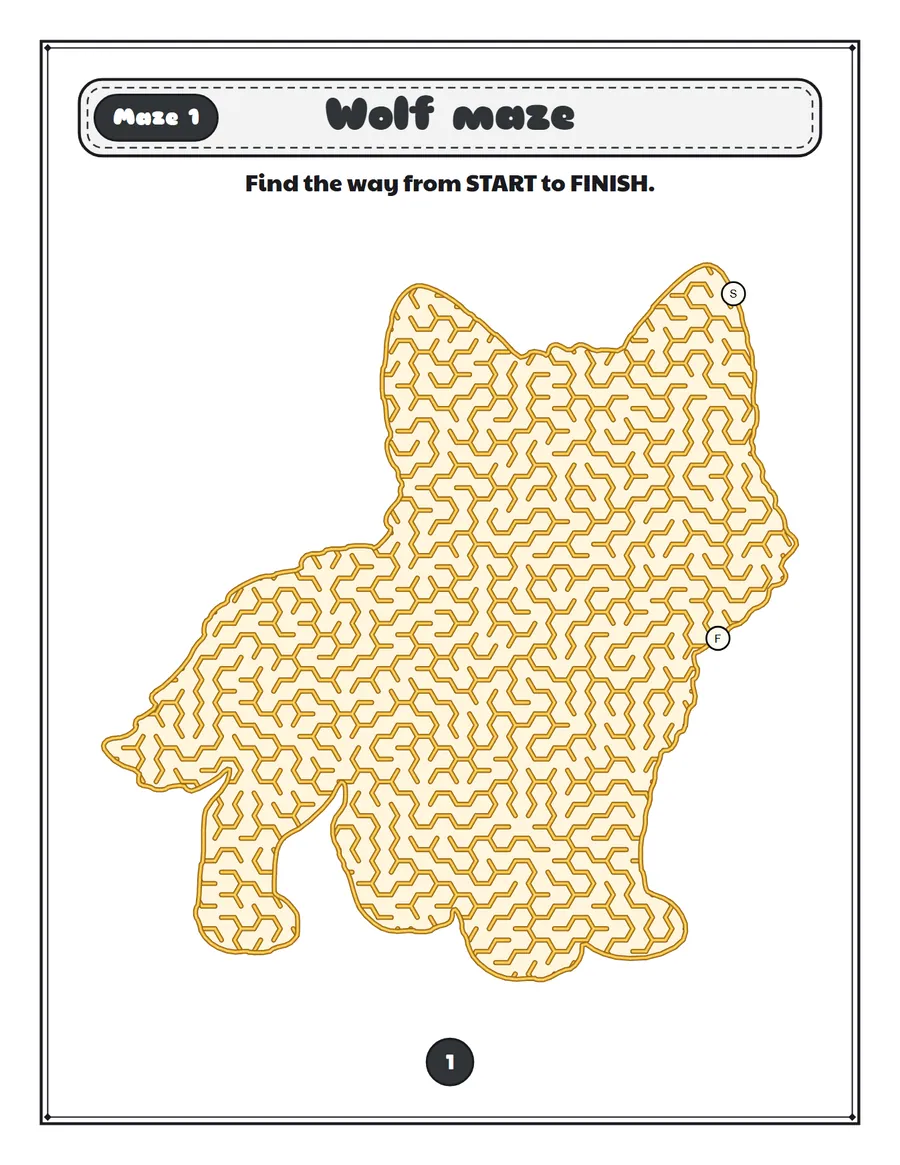 Wolf maze printable: a hard hard maze inside a wolf shape