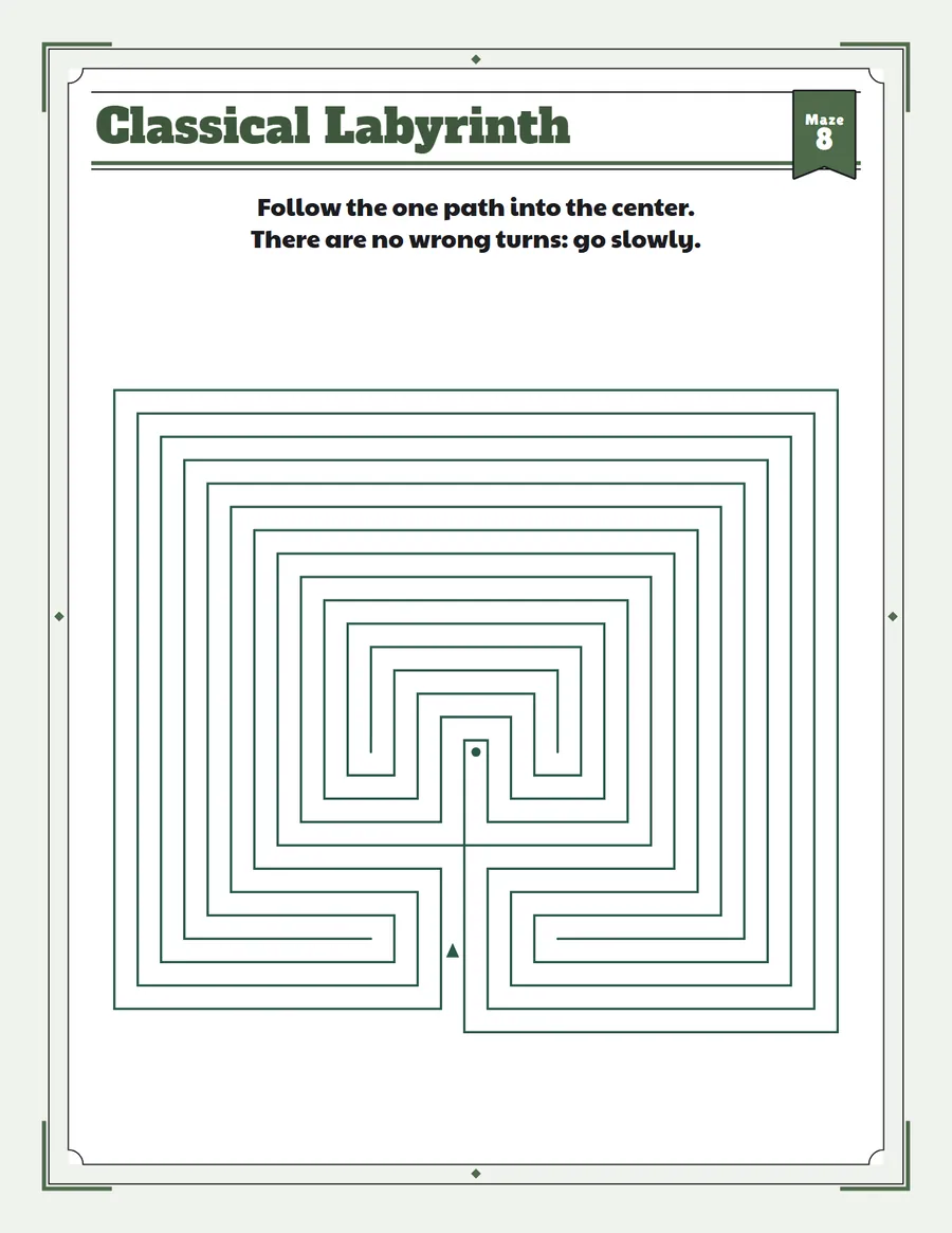 Fifteen-circuit square labyrinth printable: a hard labyrinth for ages 8 to 12