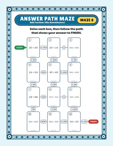 Adding fractions maze printable: a hard math maze for ages 8 to 12